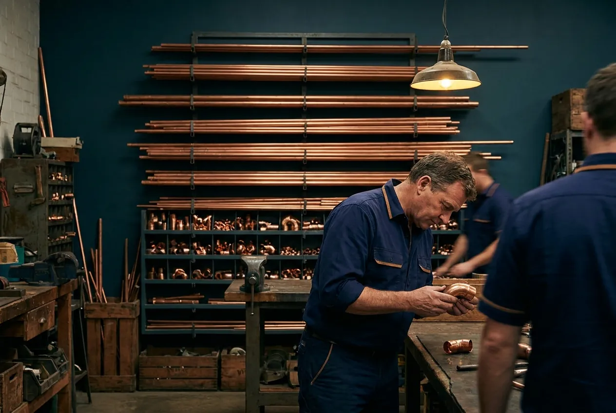 A Bellweir plumber checks a copper fitting at the workshop bench, the pipe rack behind him.