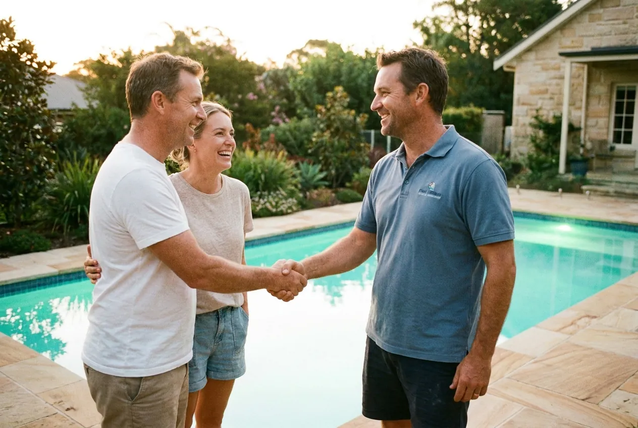 Eventide's builder shaking hands with a happy homeowner couple beside their finished pool