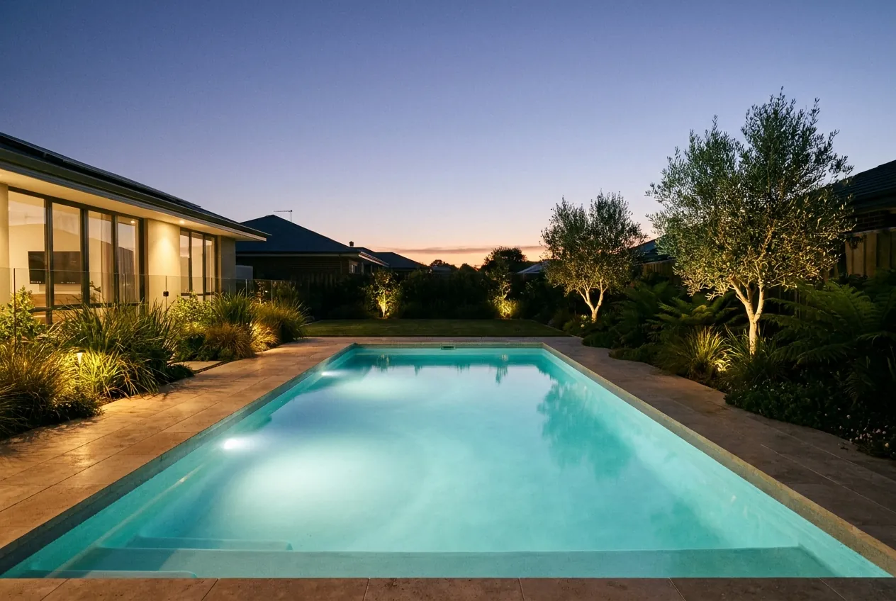 A lit concrete swimming pool glowing aqua in a landscaped backyard at dusk