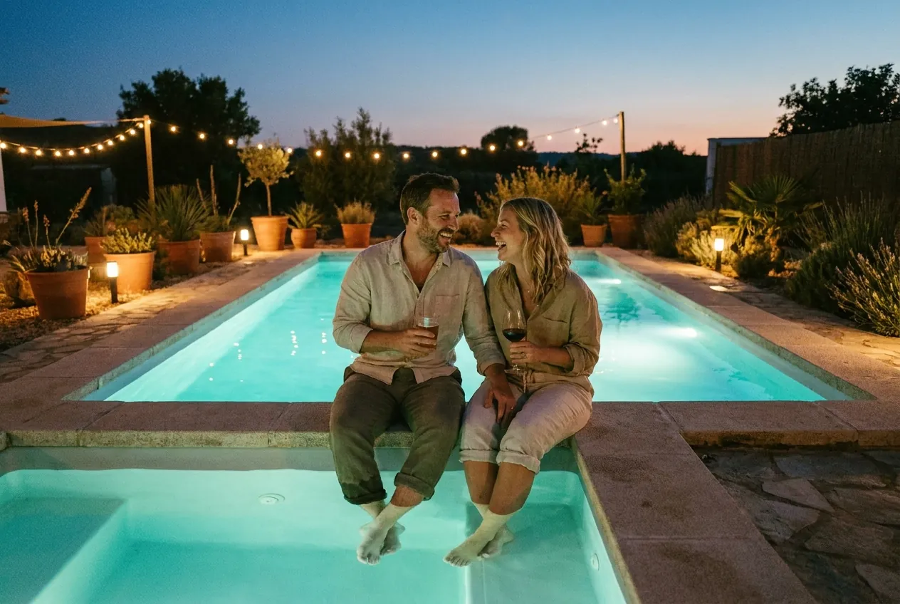 A couple relaxing on the coping of a glowing pool at dusk with drinks