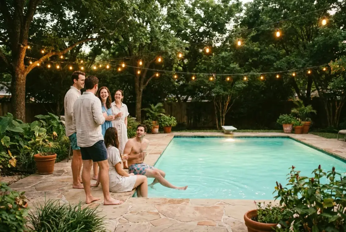 A group of friends gathered around a lit backyard pool on a warm evening with string lights