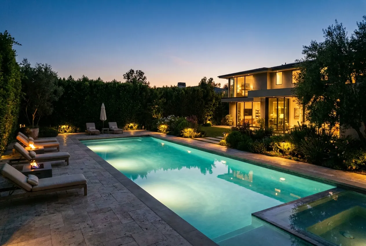 A luxurious lit lap pool and spa in a landscaped backyard at dusk