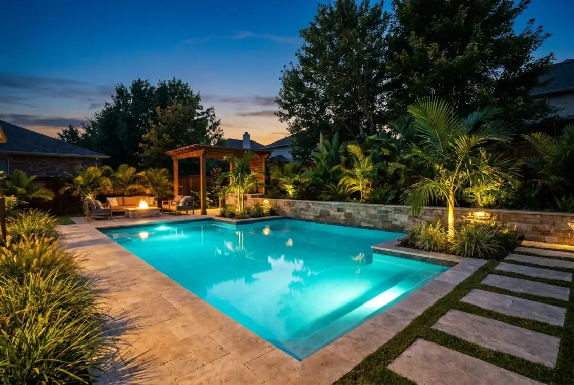 The transformed backyard with a glowing concrete pool, travertine deck and lush garden at dusk
