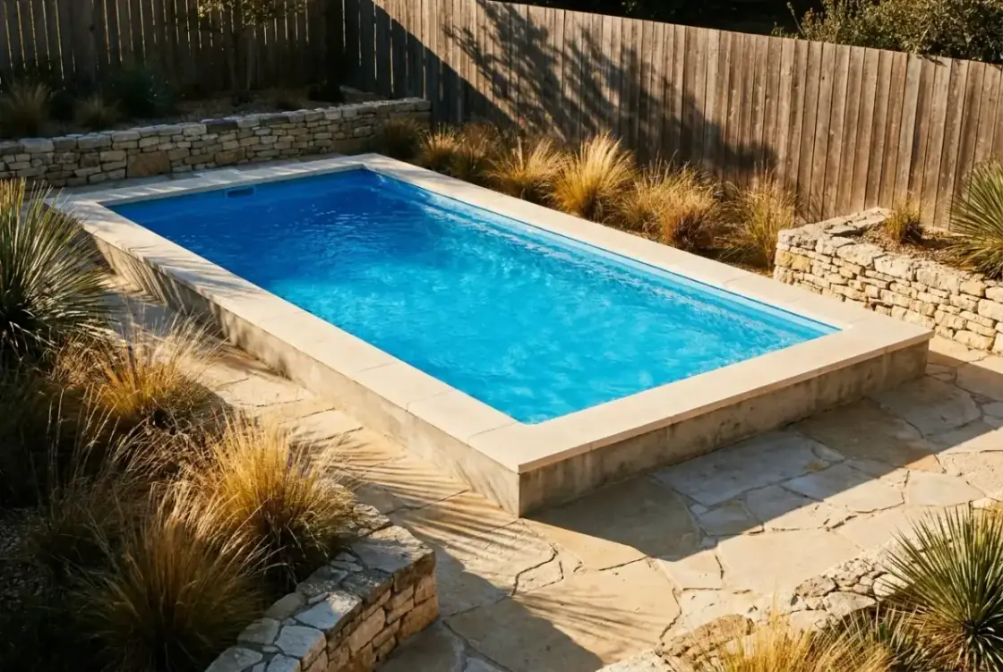 A finished family concrete pool with pebble interior and stone coping in daylight