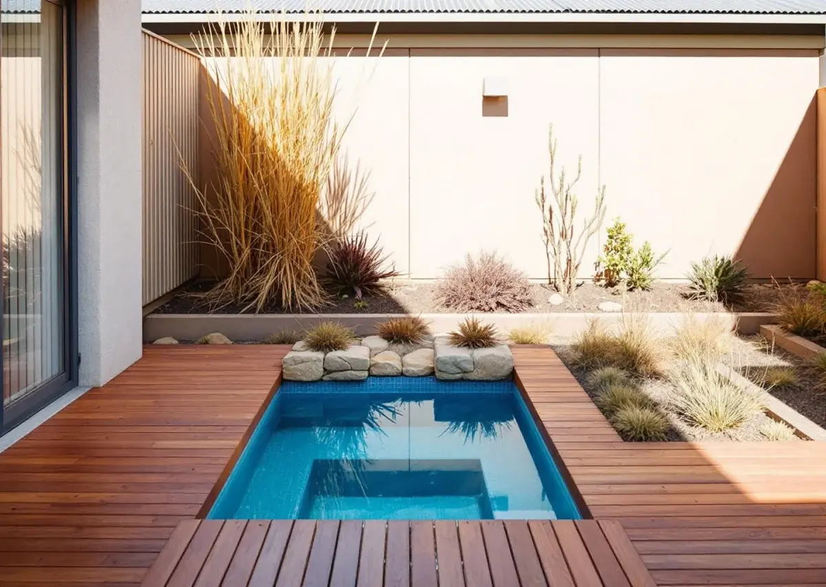 A compact courtyard plunge pool set into a timber deck