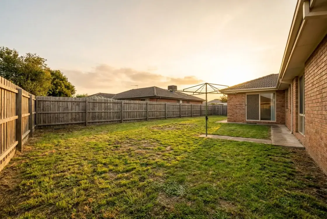 A plain empty suburban backyard with patchy lawn and a timber fence before renovation
