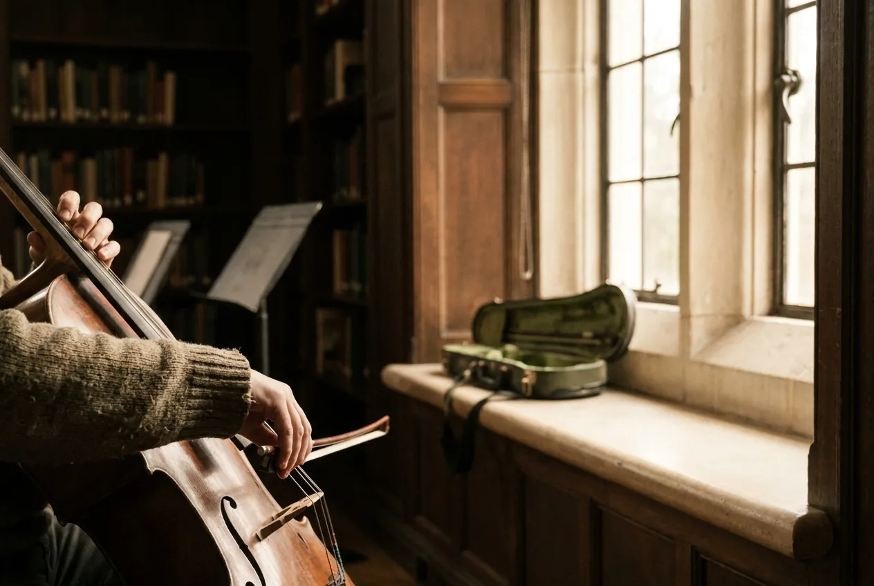 A student's hands during an early cello sectional in the music room