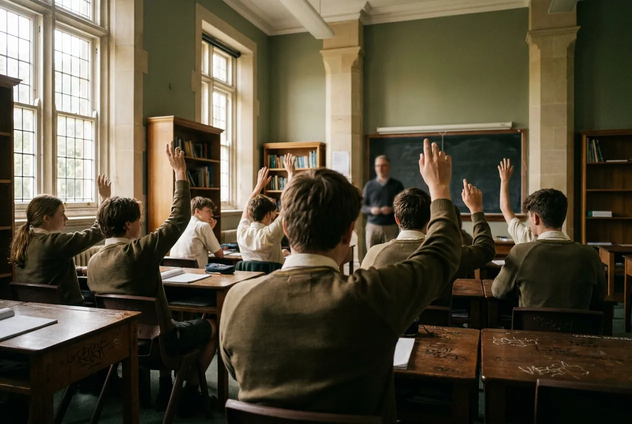 Hands raised in a Wrenfield history lesson, seen over students' shoulders