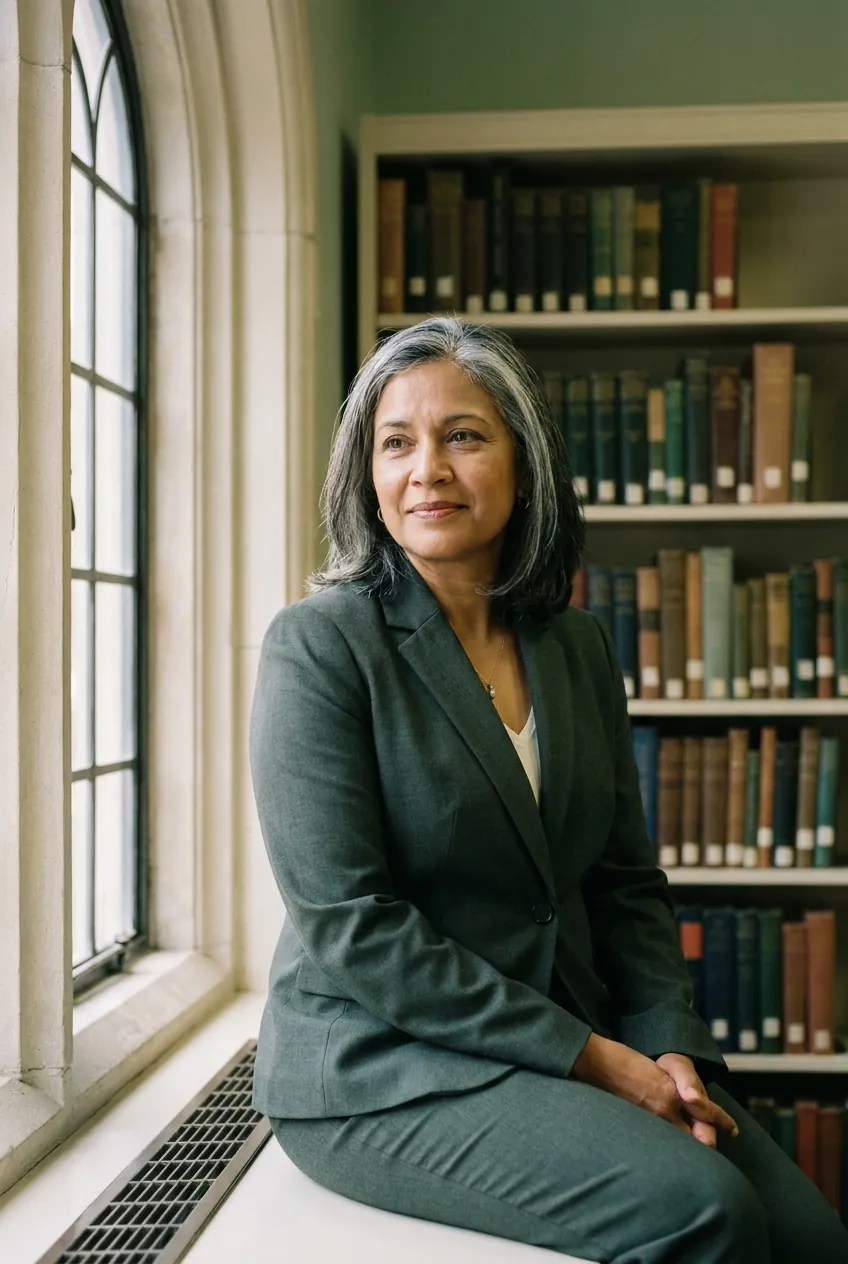 Dr Priya Ashworth, Principal of Wrenfield College, seated by a library window