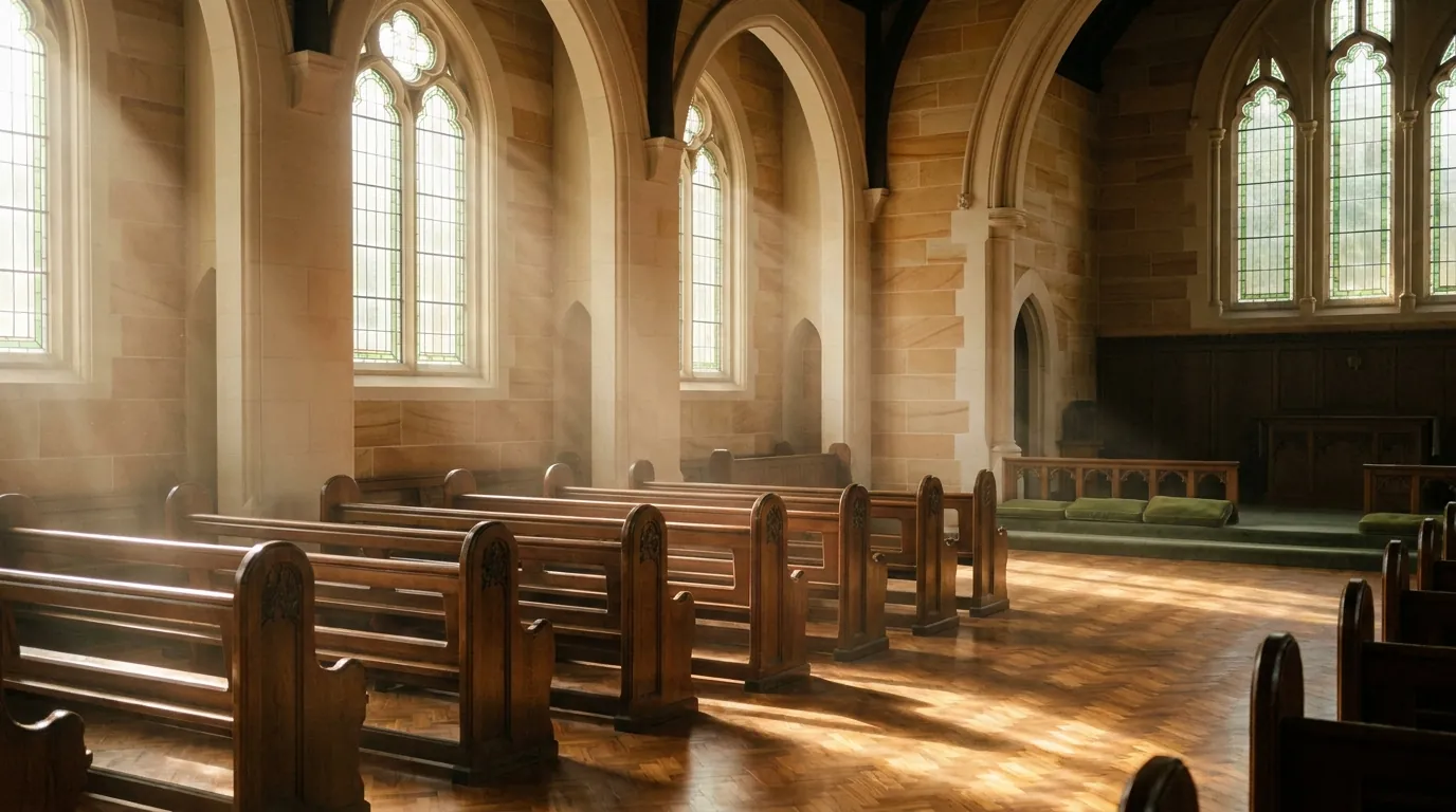 Morning light through leadlight windows across the Wrenfield assembly hall