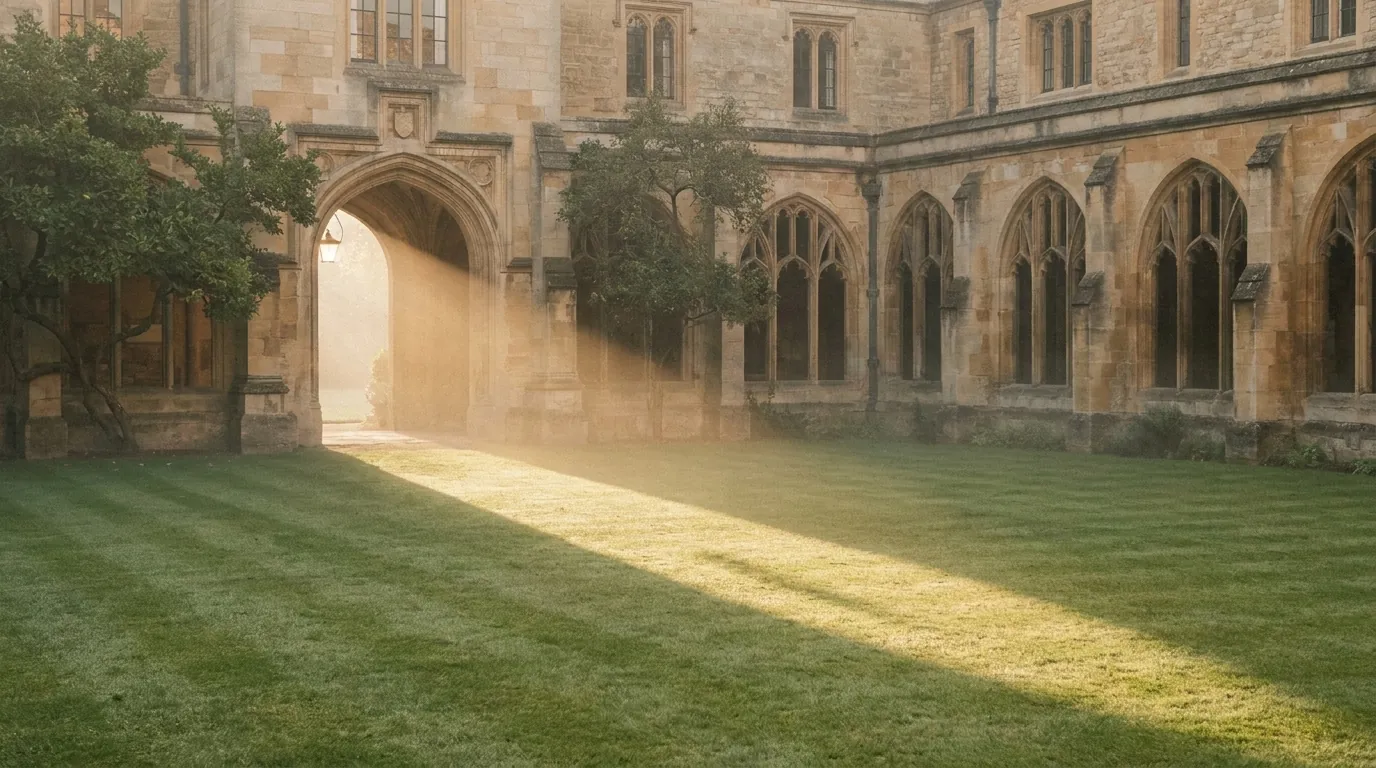 The Wrenfield College quadrangle in early morning light, a band of sun across the lawn