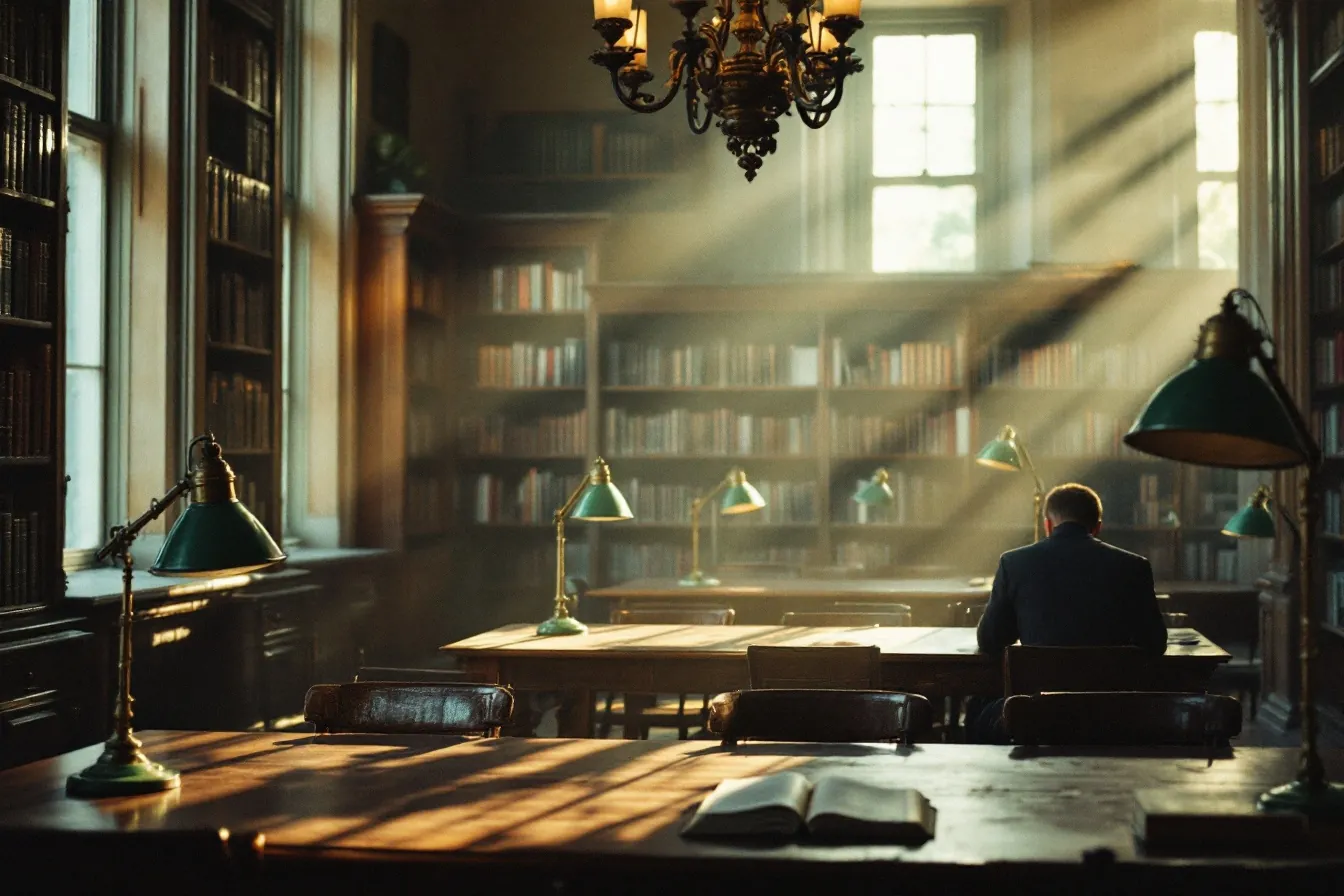 The Wrenfield reading room with green lamps in morning light