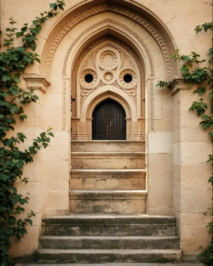 The carved sandstone west arch of Wrenfield College