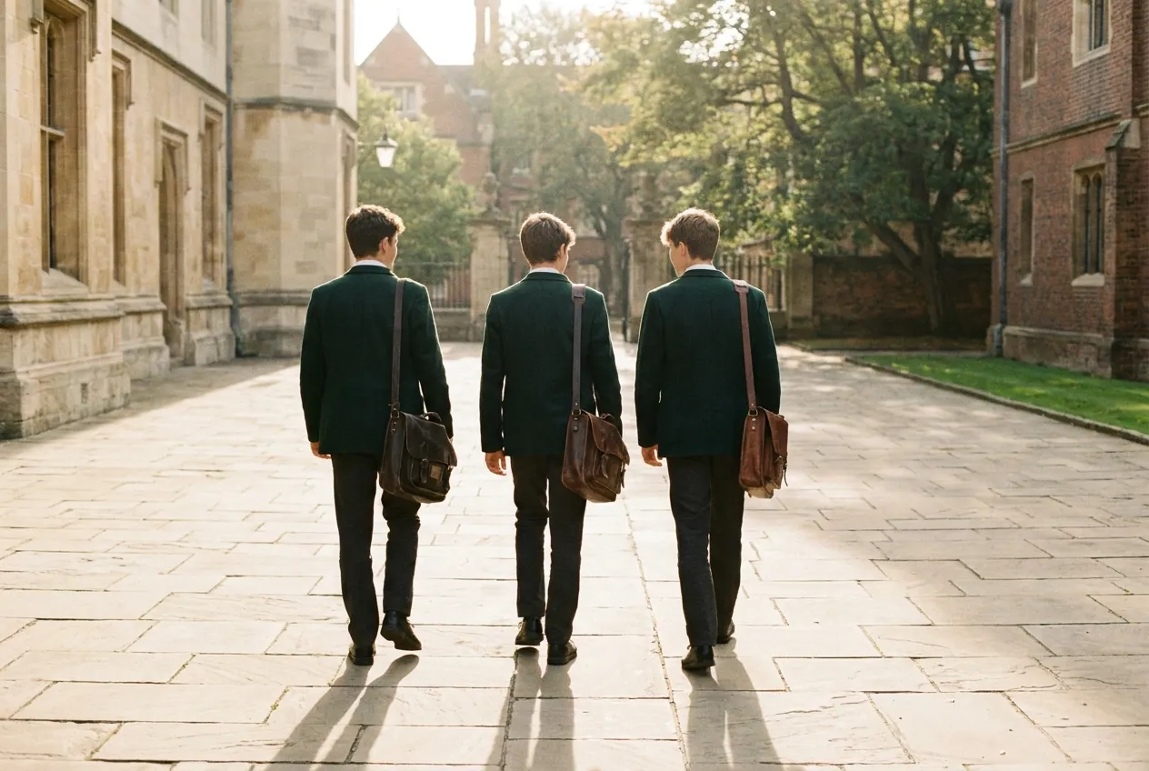 Three students in green blazers crossing the quadrangle at first period