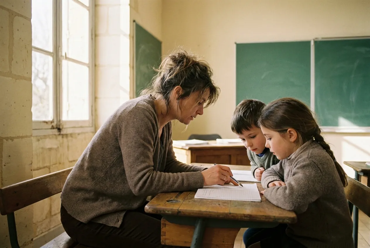 A Wrenfield teacher working through written work with two junior students at a desk