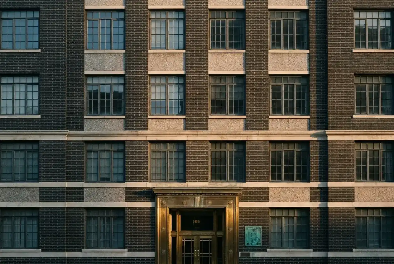 Edge-to-edge facade of a 1930s apartment building in late-afternoon light, brass entrance doors at the centre