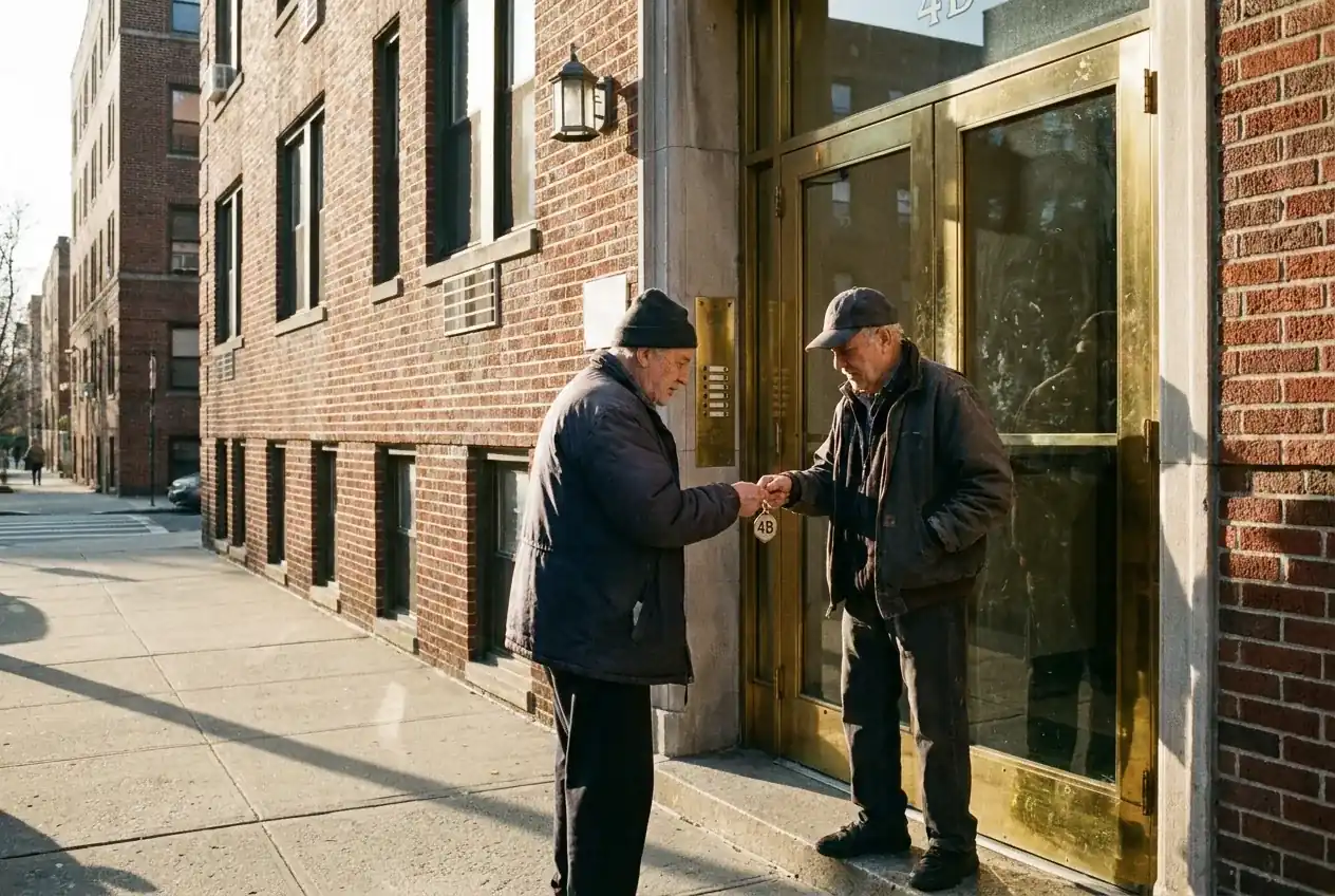 A numbered key fob changing hands at the brass entrance door of an apartment building