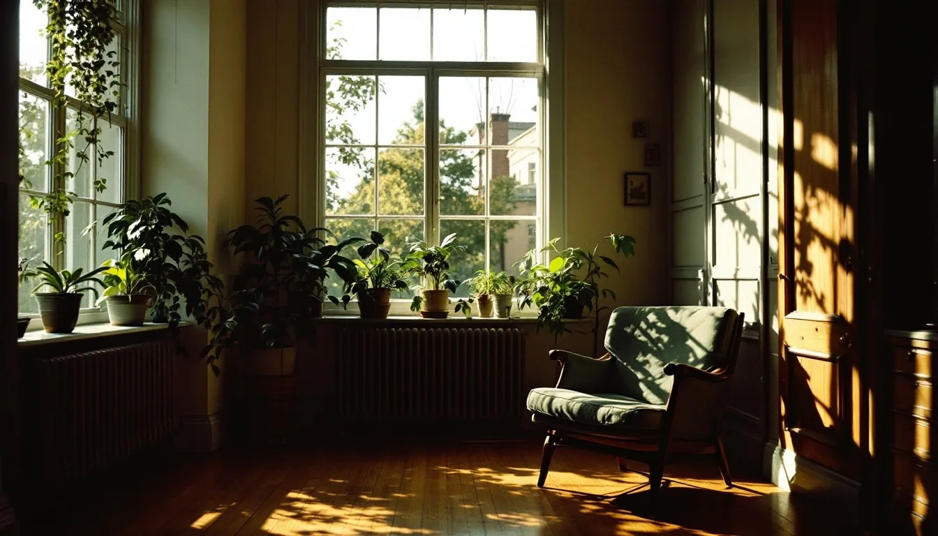 Sunlit lived-in apartment corner with houseplants on the sill and a reading chair