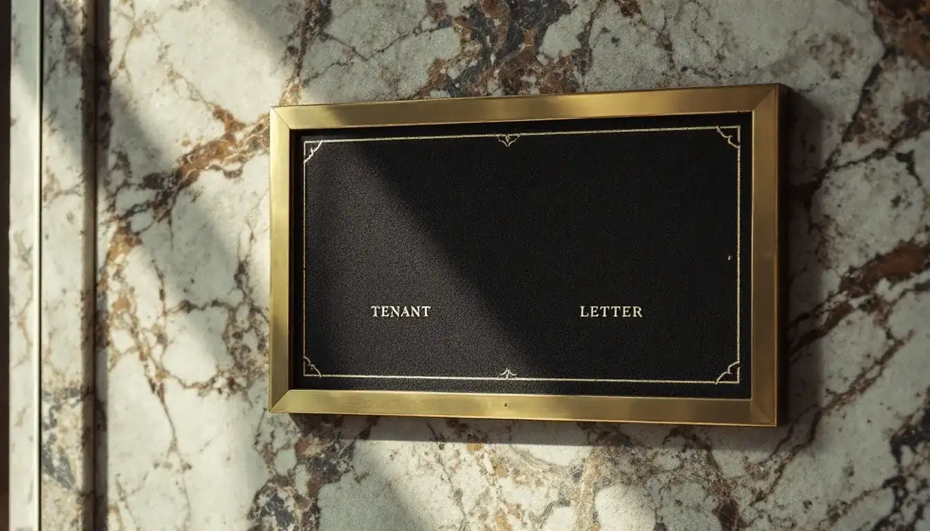 Brass-framed felt directory board on a marble lobby wall in raking afternoon light