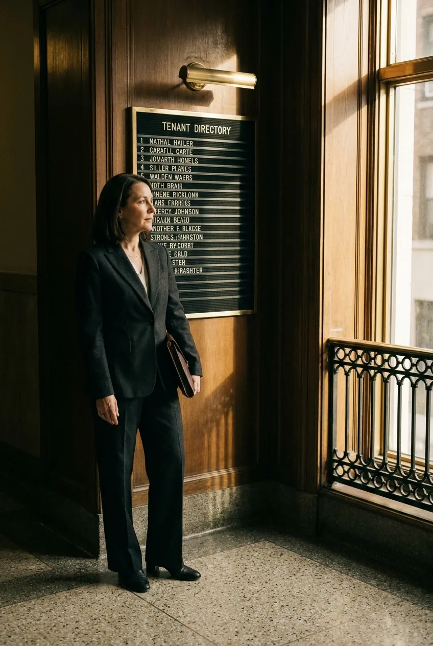 Eleanor Voss standing beside the tenant directory board in a timber-panelled lobby