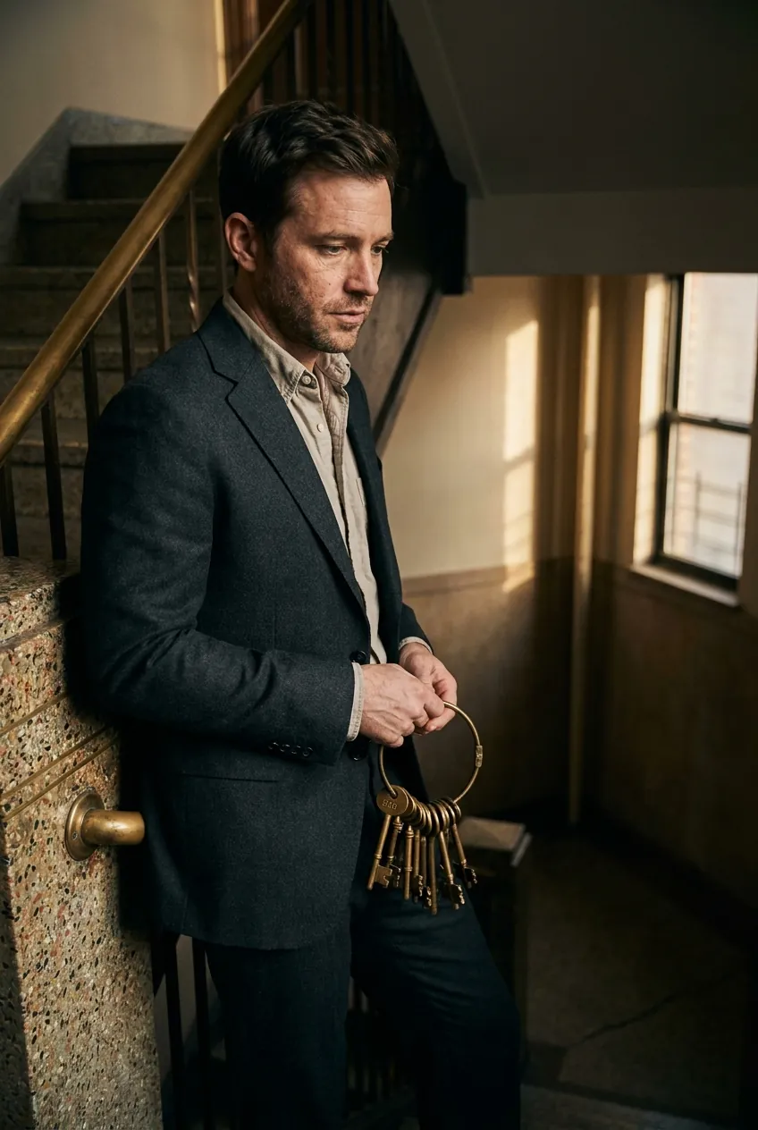 Tomas Reyes on a terrazzo stairwell holding a ring of building keys