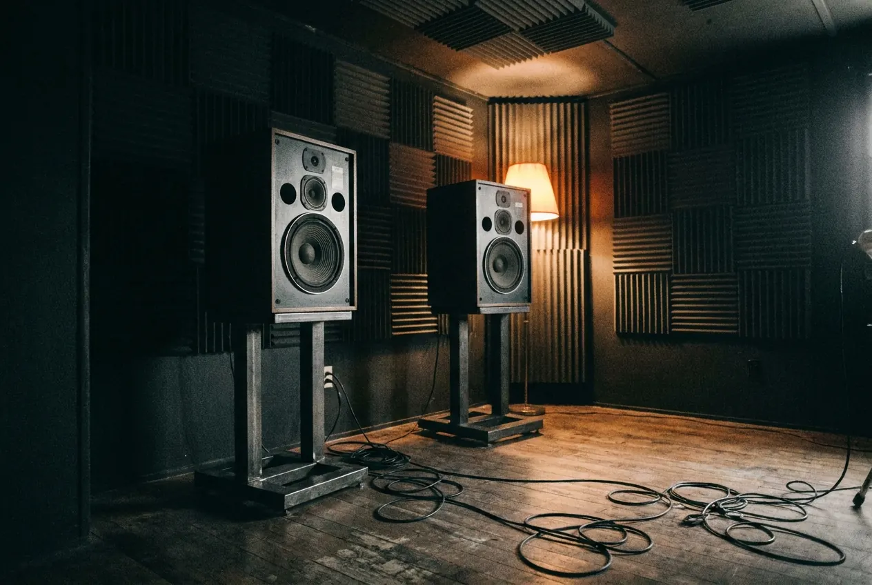 Two studio monitor speakers on stands in the dark acoustically-treated BLOKHAUS live room