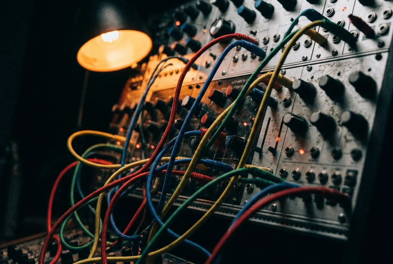 A modular synthesizer patchbay dense with coloured patch cables under a dim studio light