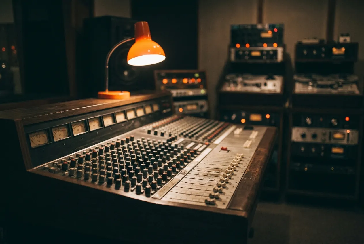 A vintage analogue mixing console lit by a warm orange lamp in the dim BLOKHAUS control room