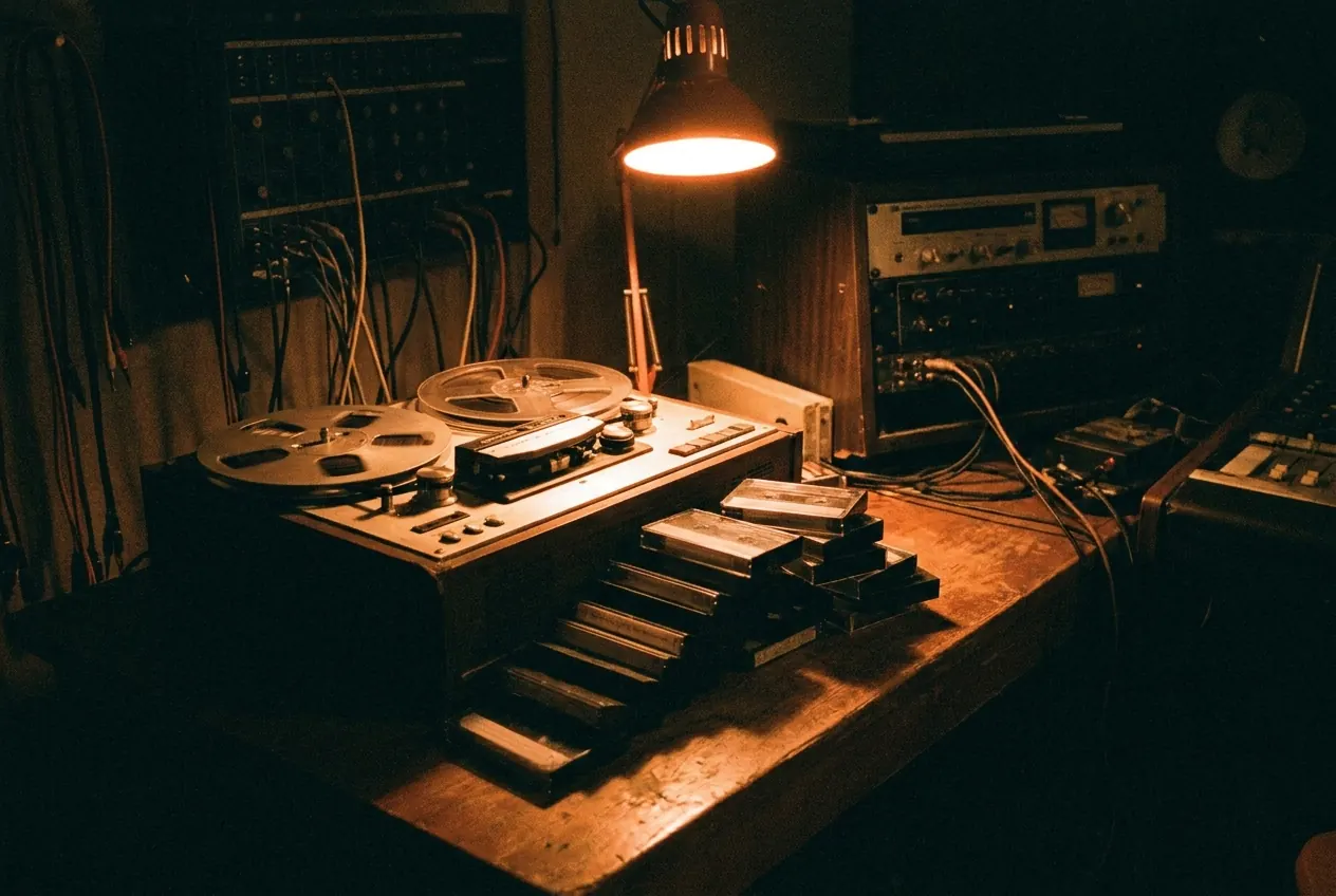 A reel-to-reel tape machine and a stack of cassettes under a warm lamp in the BLOKHAUS studio