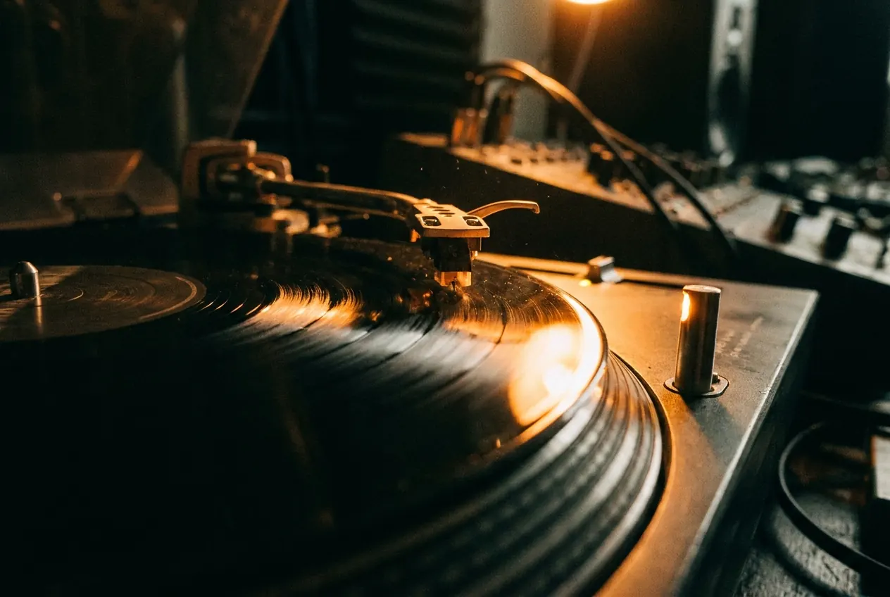 A record spinning on a turntable under a warm studio light, stylus in the groove