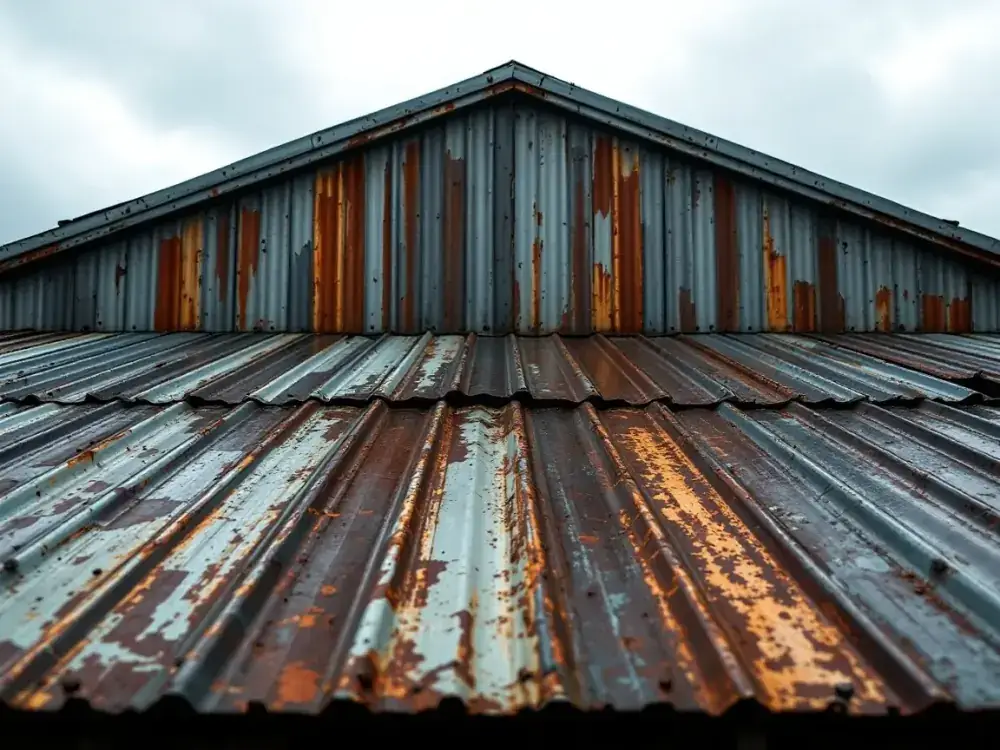 End-of-life metal, workshop re-roof, before restoration