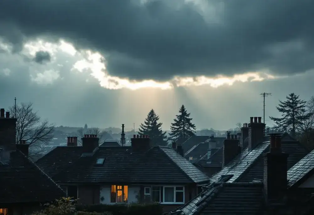 Storm clouds clearing over a neighborhood of restored rooftops