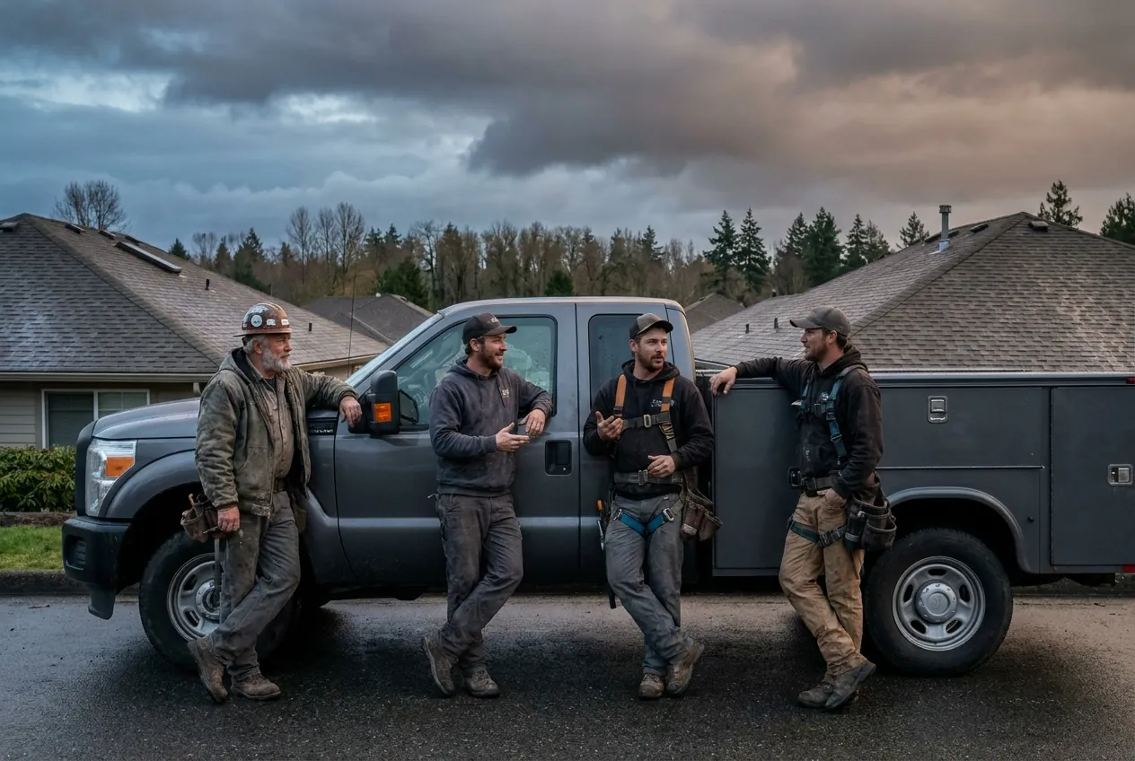 Three Ridgeway crew members and their site foreman talking beside an unmarked work truck at first light after a storm