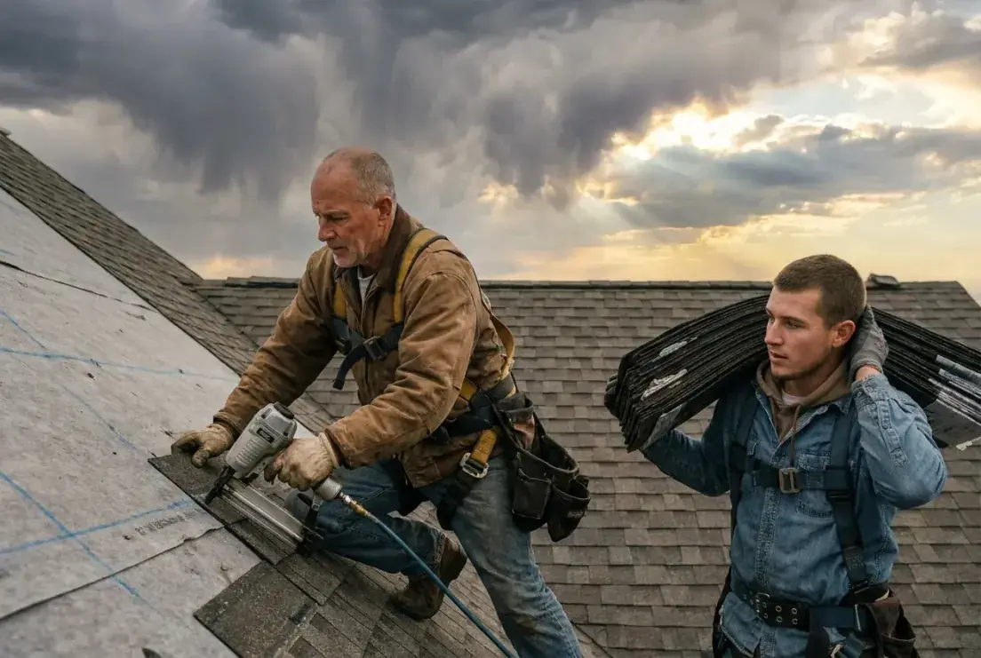 Two harnessed Ridgeway crew members laying an architectural shingle course as the storm clears