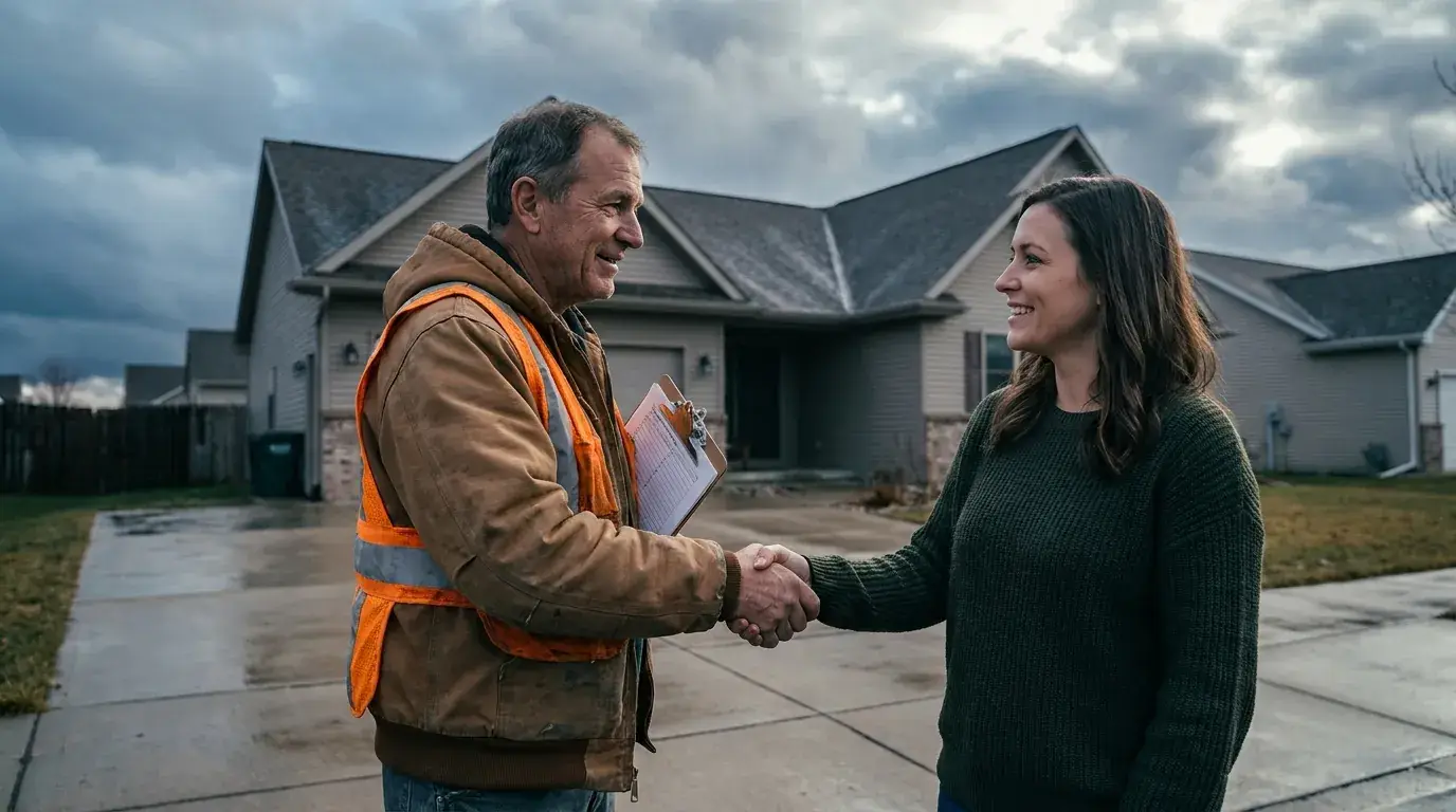 A Ridgeway foreman shaking hands with a homeowner on her driveway after an inspection, storm clearing over the roofline