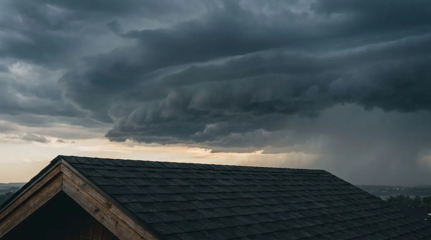 Asphalt roof ridge line against an advancing storm front