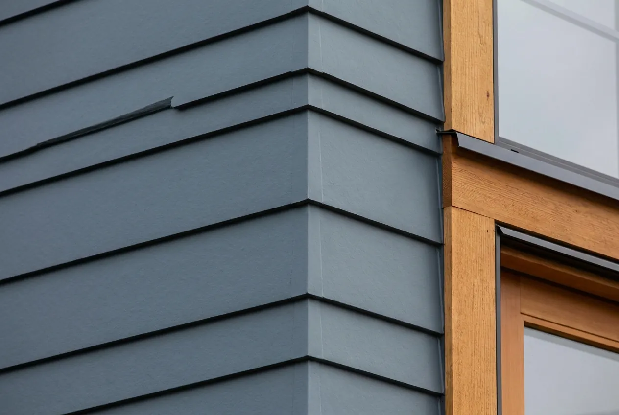 Crisp new fiber-cement lap siding courses meeting freshly flashed window trim