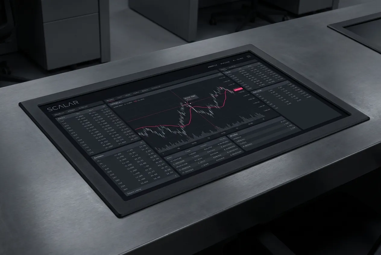 The SCALAR terminal on a trading desk, dense market tables with a cerise signal line on a dark interface.