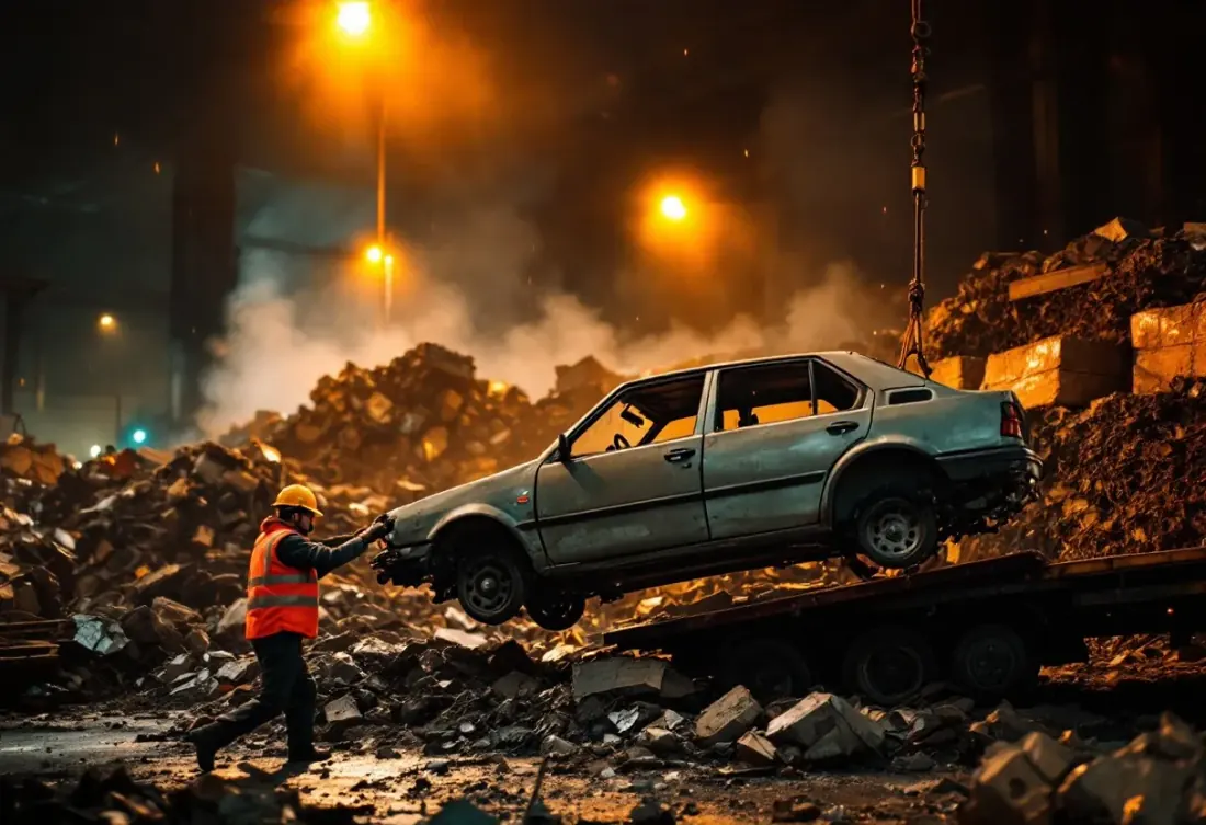 A dead hatchback winched onto a tilt tray under sodium lights at the yard