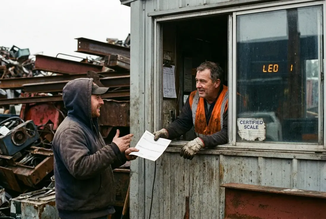 The scale-house operator handing a docket to a customer at the window