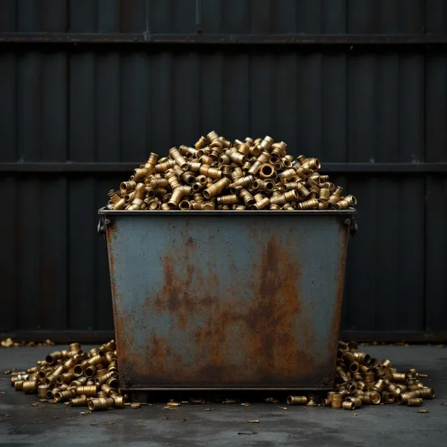 A steel bin overflowing with brass fittings