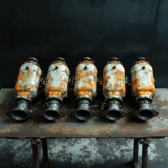 A row of used catalytic converters on a steel bench