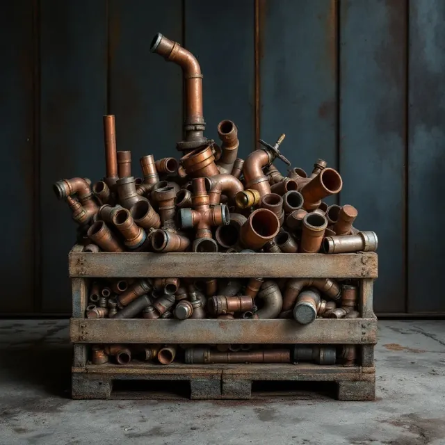 A crate of mixed copper pipe offcuts and fittings