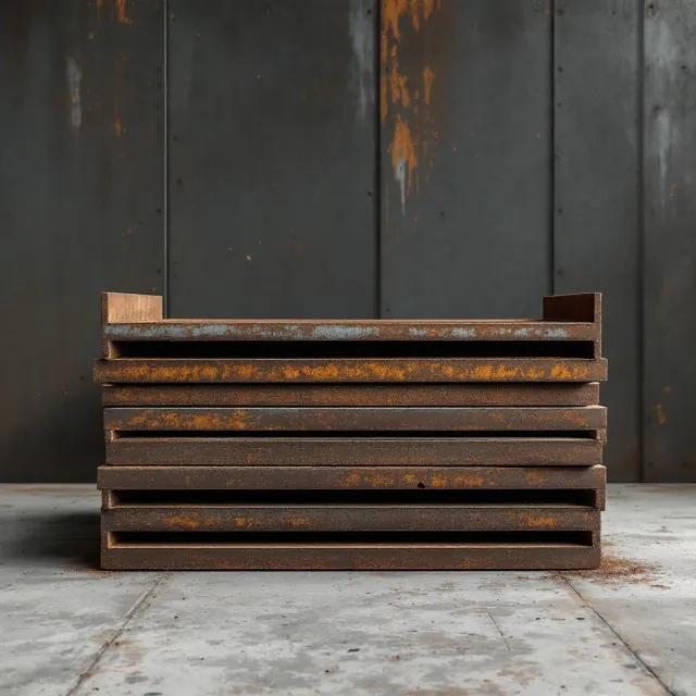 A stack of heavy rusted steel plate offcuts