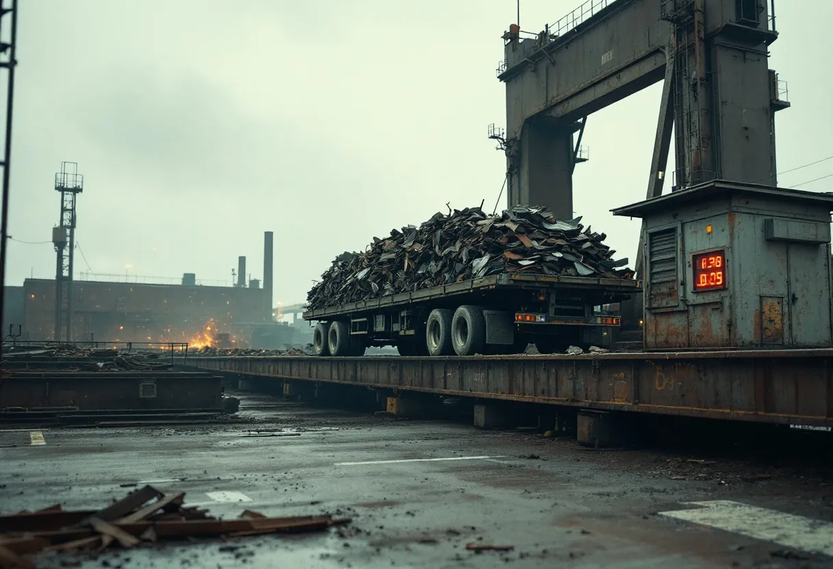 A loaded flatbed sitting on the Redgate weighbridge deck beside the scale house