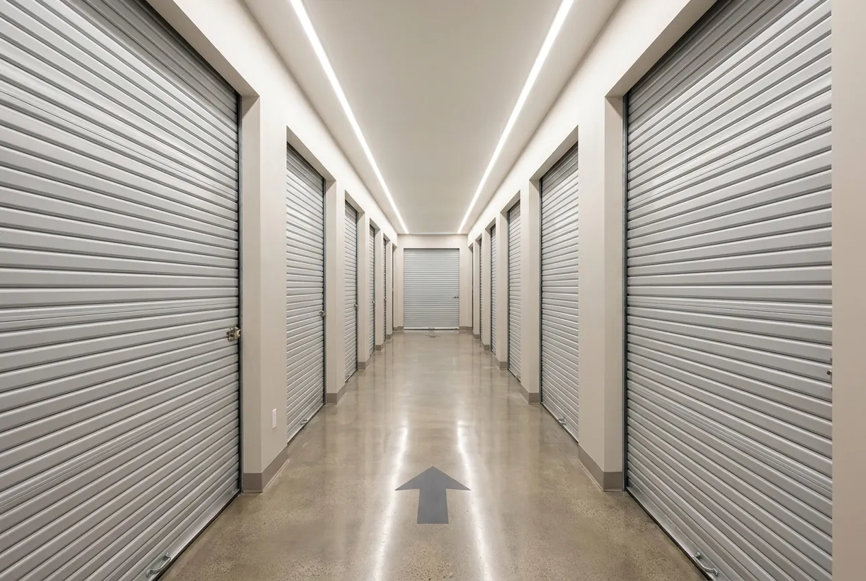 A bright, clean interior storage corridor with roller doors down both sides.