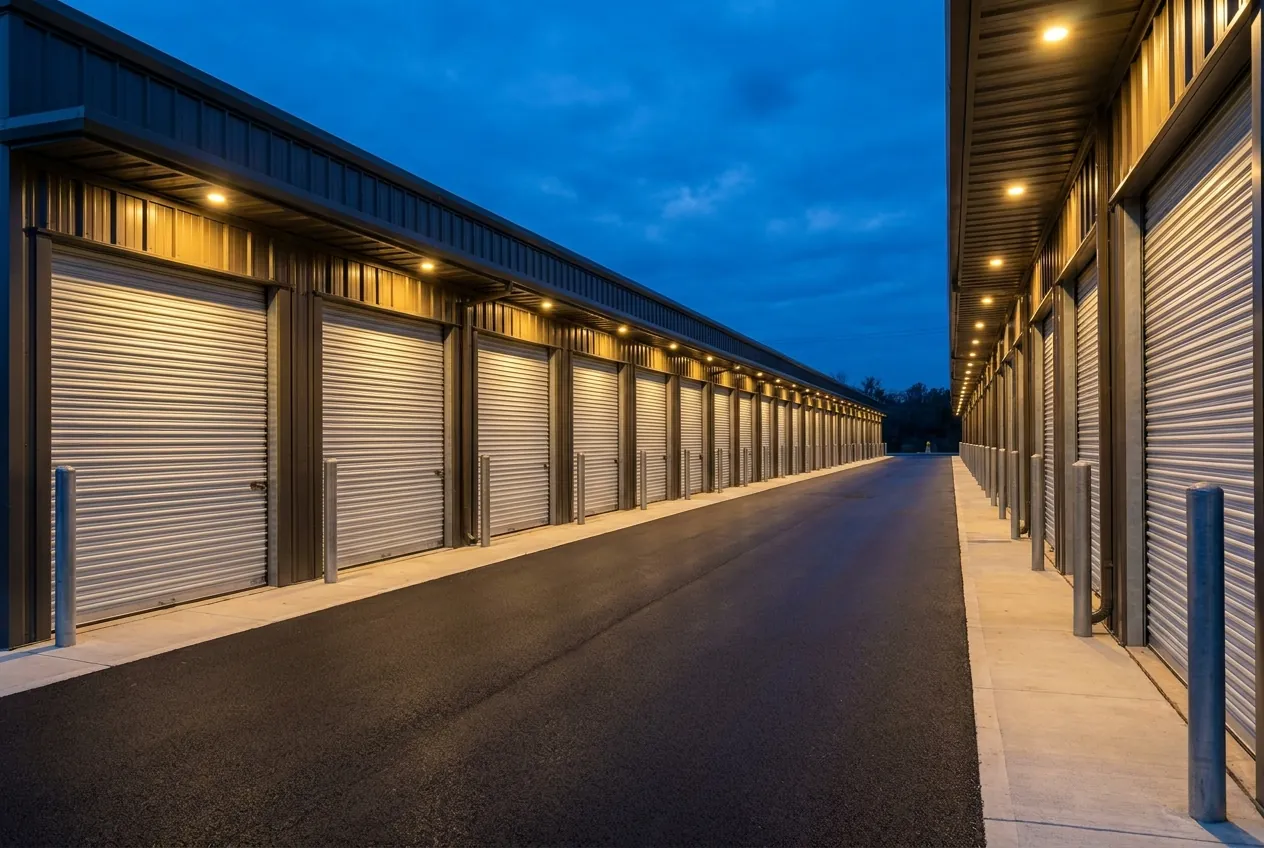 The Keyside drive-up row at dusk, corrugated doors closed and the lot lit.