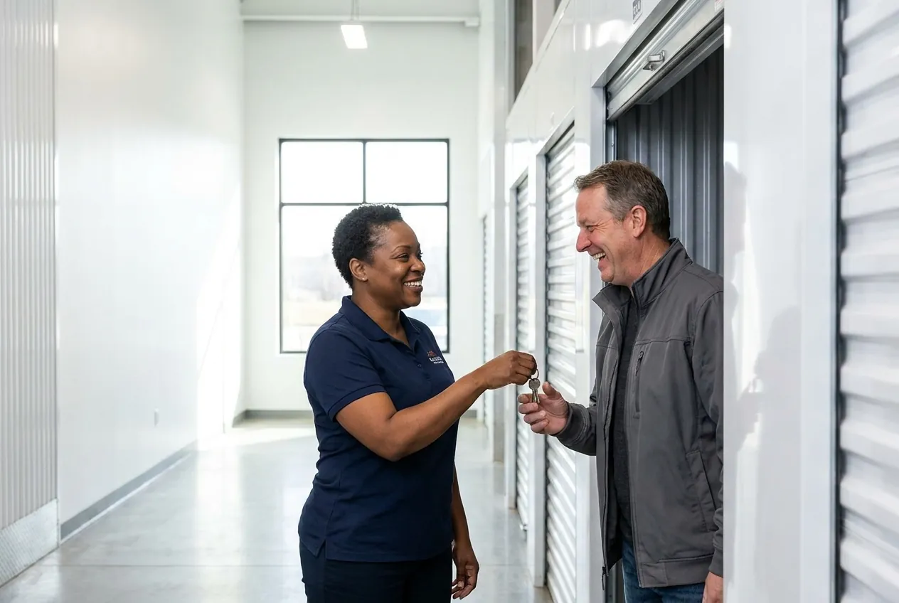 A Keyside team member handing a set of keys to a customer at an open unit.