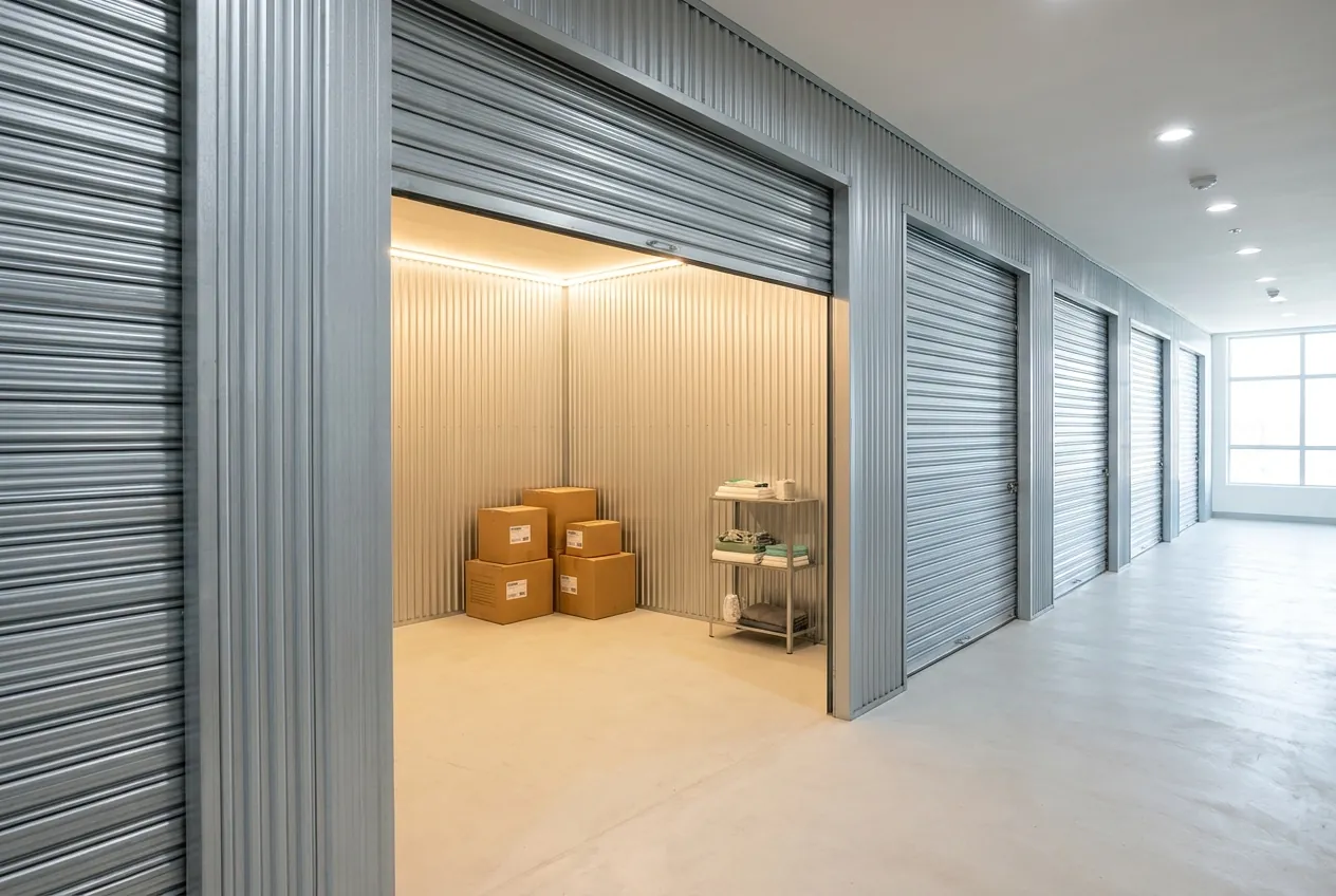 An open, LED-lit Keyside storage unit with a rolled-up corrugated door and a few neatly stacked boxes inside.