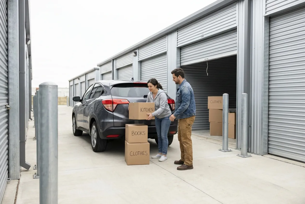 A loading bay with free flatbed carts ready by an open roller door.